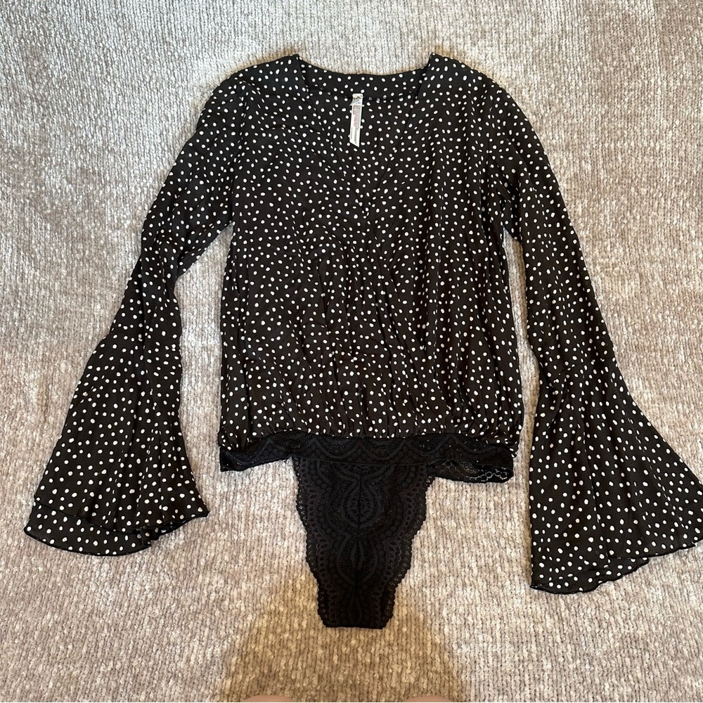 Free People Makin Waves Black Polka Dot Wrap Bell Sleeve Bodysuit - Picture 2 of 12